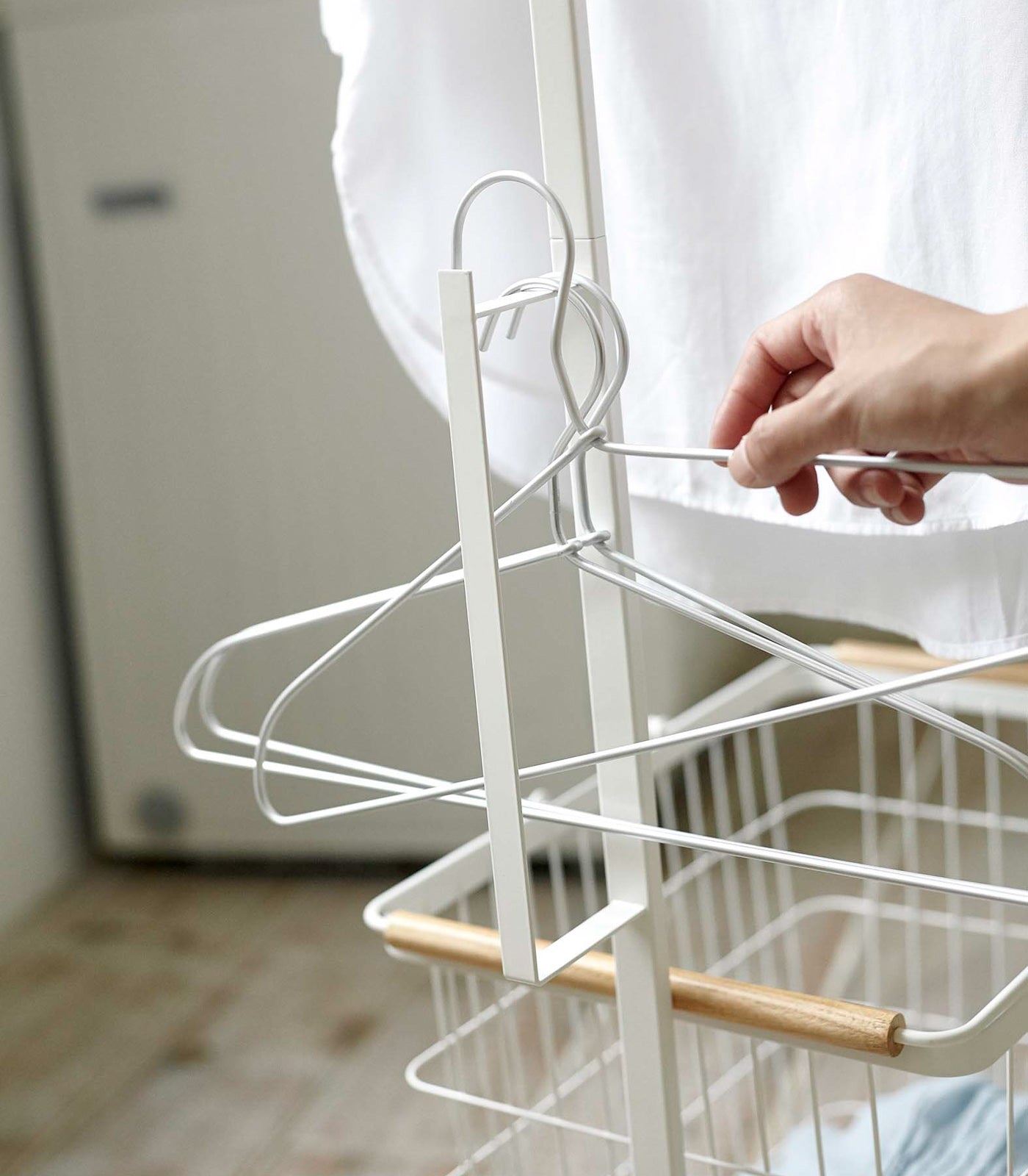 Rolling Laundry Cart + Wire Basket – Steel + Wood