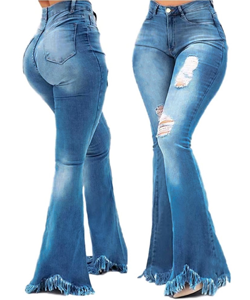 Bell Bottom High Waist Ripped Fringe Jeans