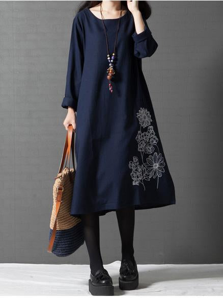 Long Sleeve Women Solid Crew Neck Loose Printed Cotton Dress