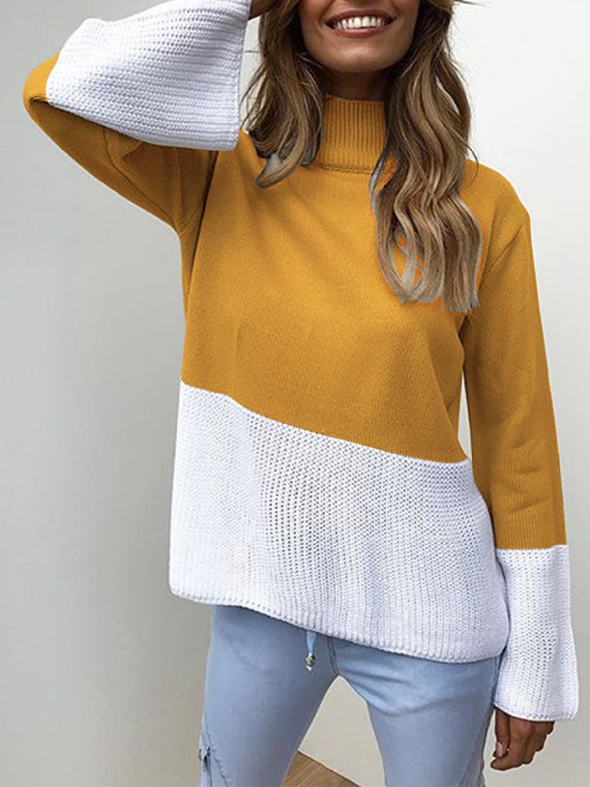 Red Solid Elegant Color-block Knitted Sweater