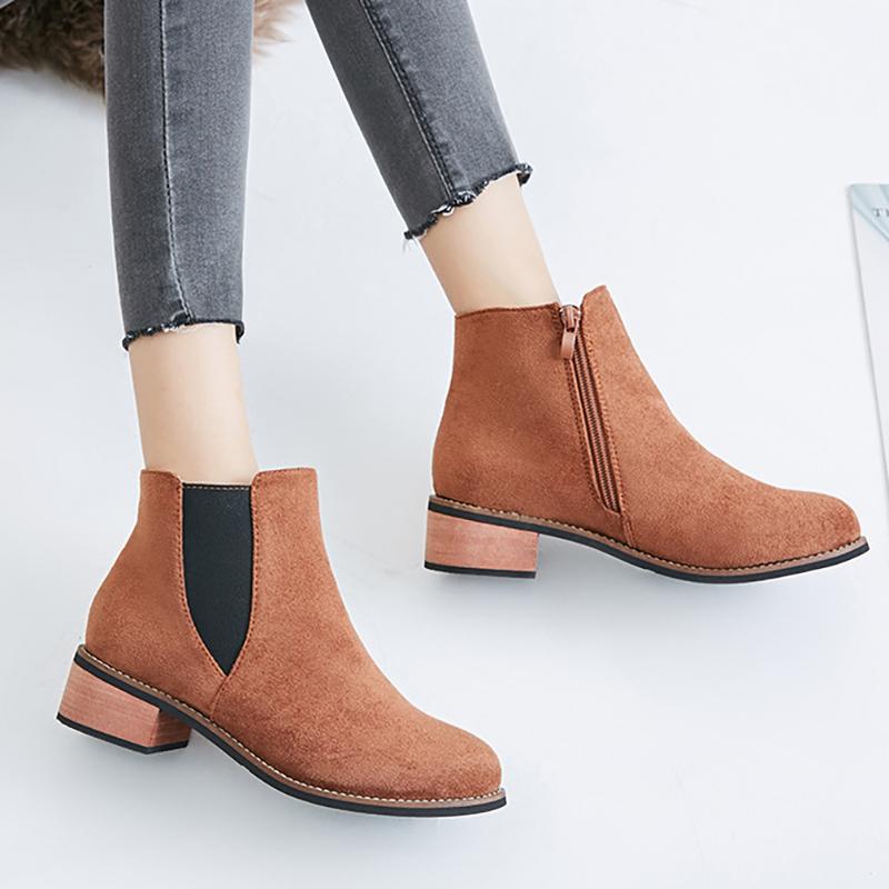 Women Flocking Booties Casual Comfort Zipper Chunky Heel Shoes