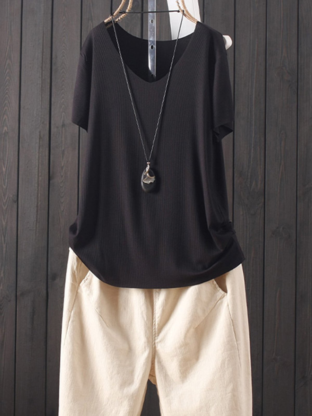 Solid Color V Neck Short Sleeve Casual T-Shirt