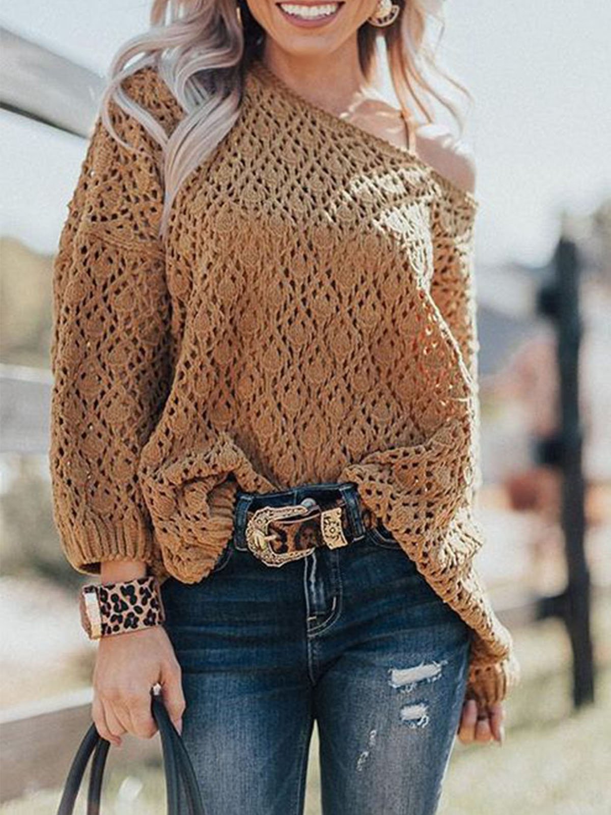 Yellow Brown Crew Neck Long Sleeve Shirts & Tops