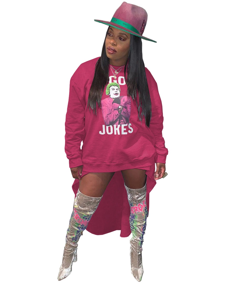 Autumn Character Print Round Neck High Low Shirt Dress