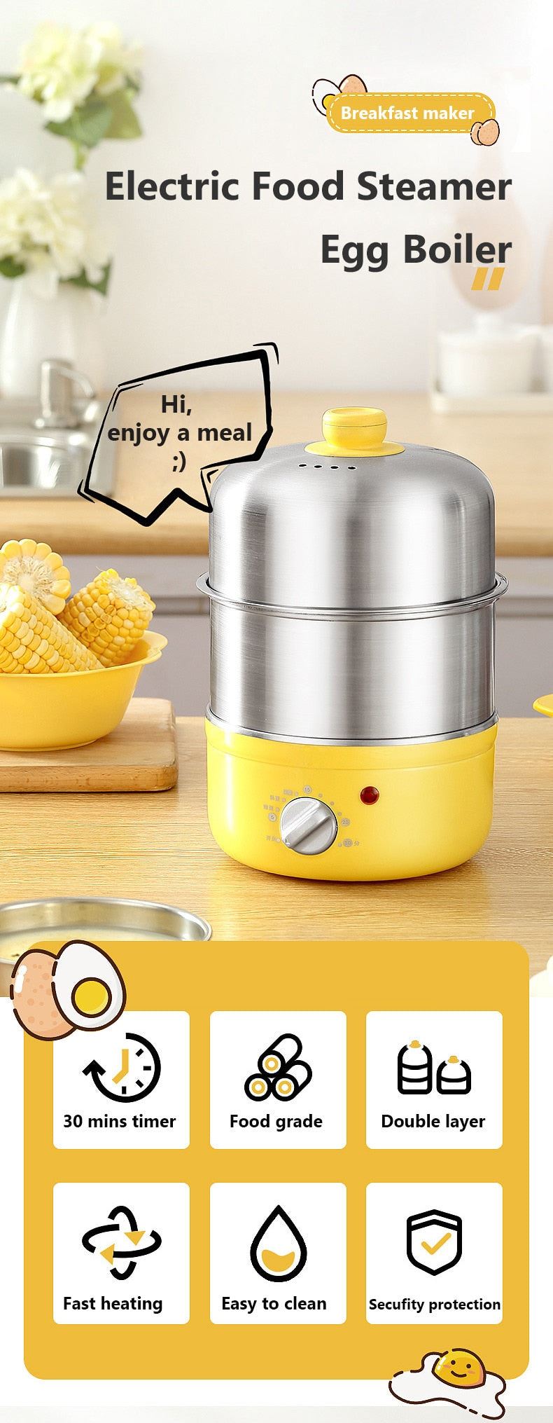 Electric Egg Boiler Food Steamer with Timer 2 Layers Stainless steel breakfast Steaming machine