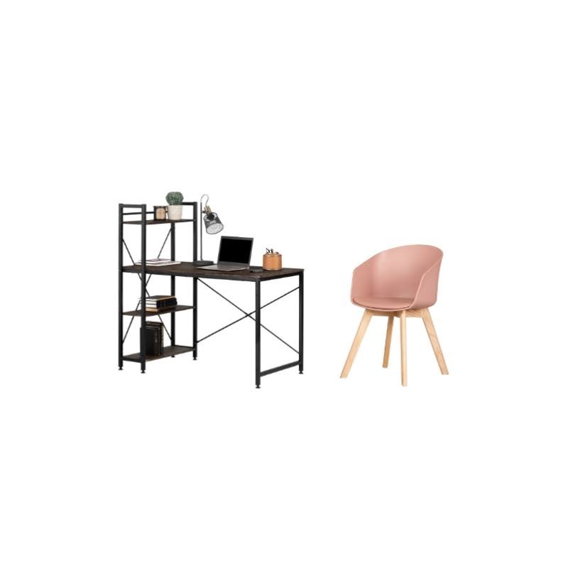 South Shore Evane Fall Oak Desk with Bookcase 1 Flam Pink and Wood Chair Set