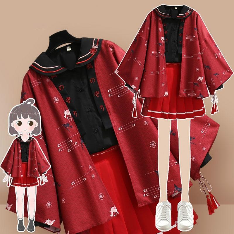 Improved Hanfu Elements Sweatshirt + Coat+ Short Skirt SP15687