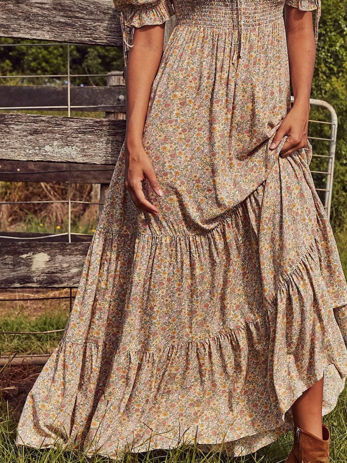 Flower Cotton-Blend Square Neck Vintage Floral Dresses