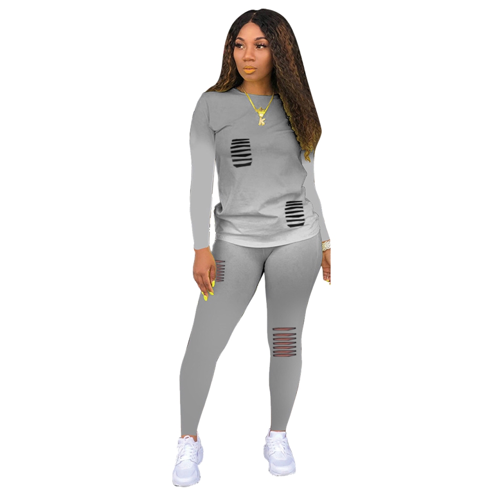 Gradient Two Piece Matching Ripped Pants Set