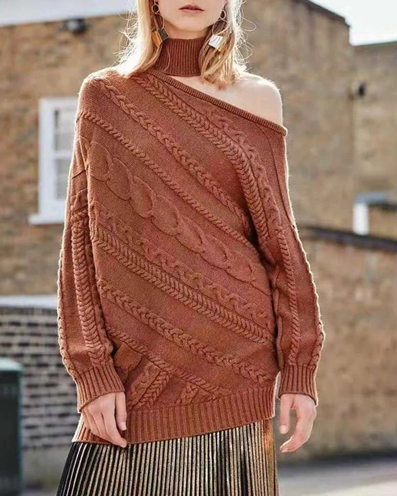 Fashion Hollow Shoulder High Collar Solid Color Knit Sweater