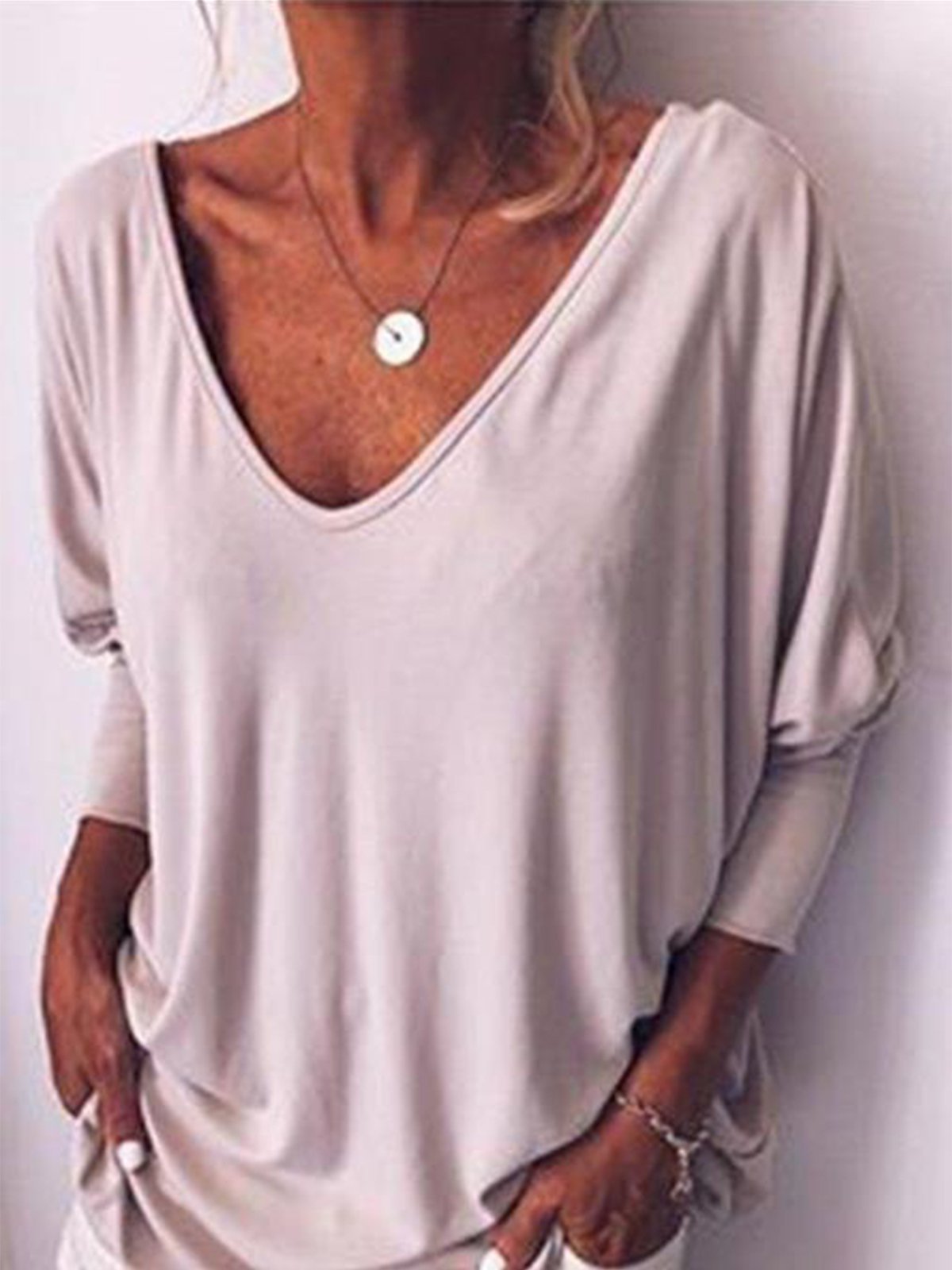Solid V Neck Long Sleeve Buttoned Shirts & Tops