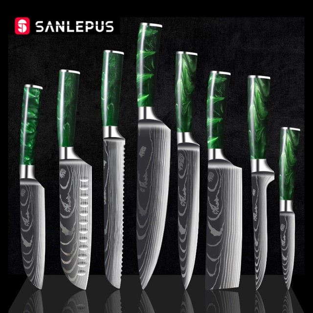 1-10 Pcs Chef Knife Set Kitchen Knives Laser Damascus Pattern Sharp Japanese Santoku Knife