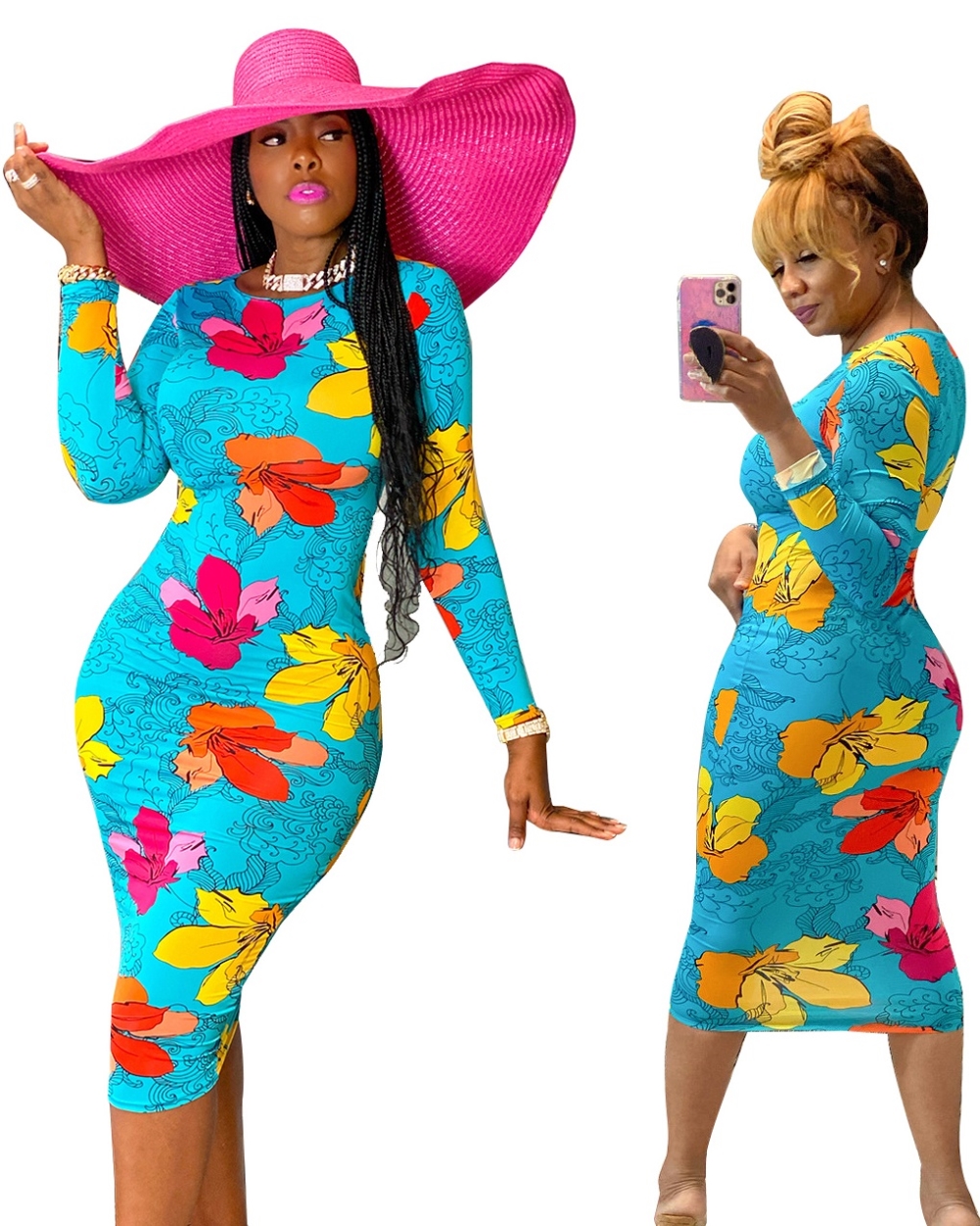 African Floral Long Sleeve Midi Dress