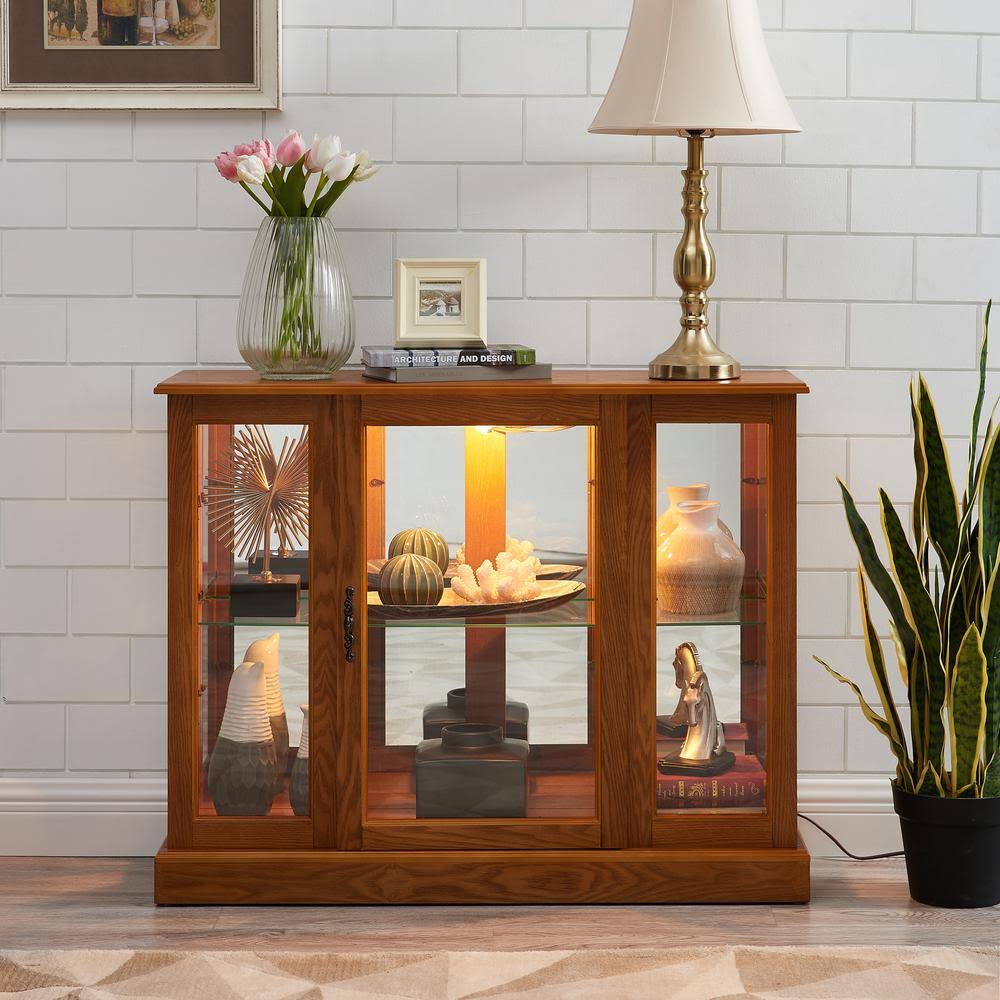 Good Gracious 38.25 in. Oak Console Curio Cabinet with Adjustable Glass Shelves and Mirrored BACK, Brown