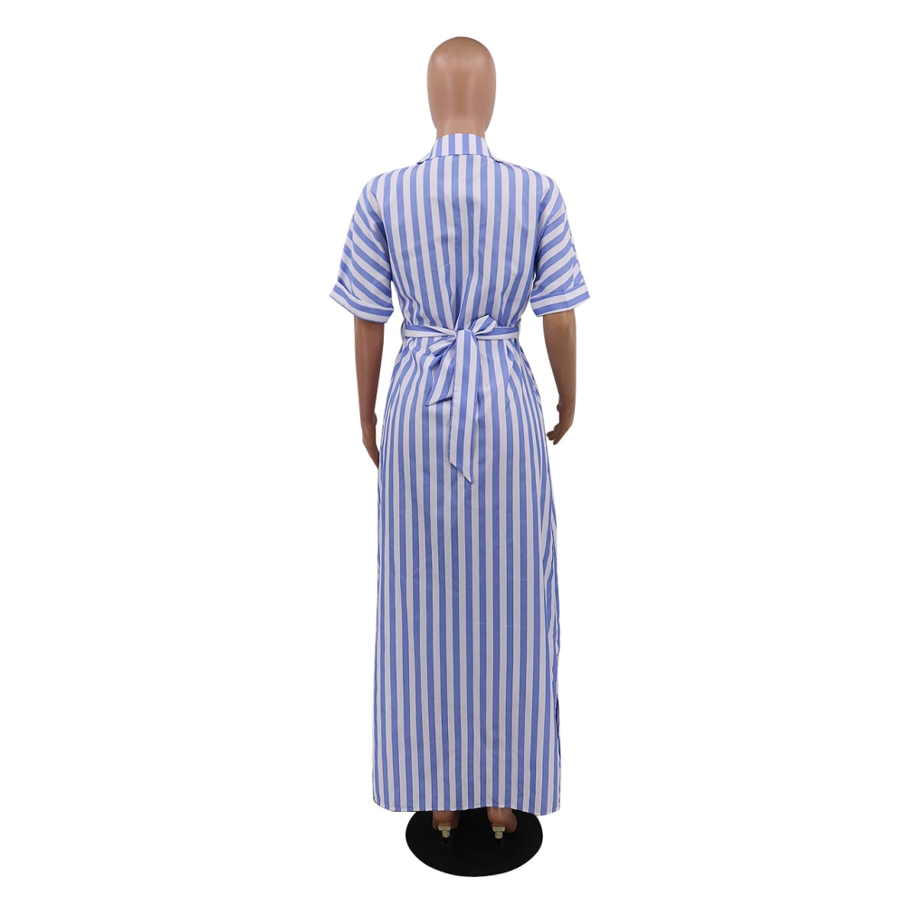 Summer White and Blue Striped Long Blouse Dress
