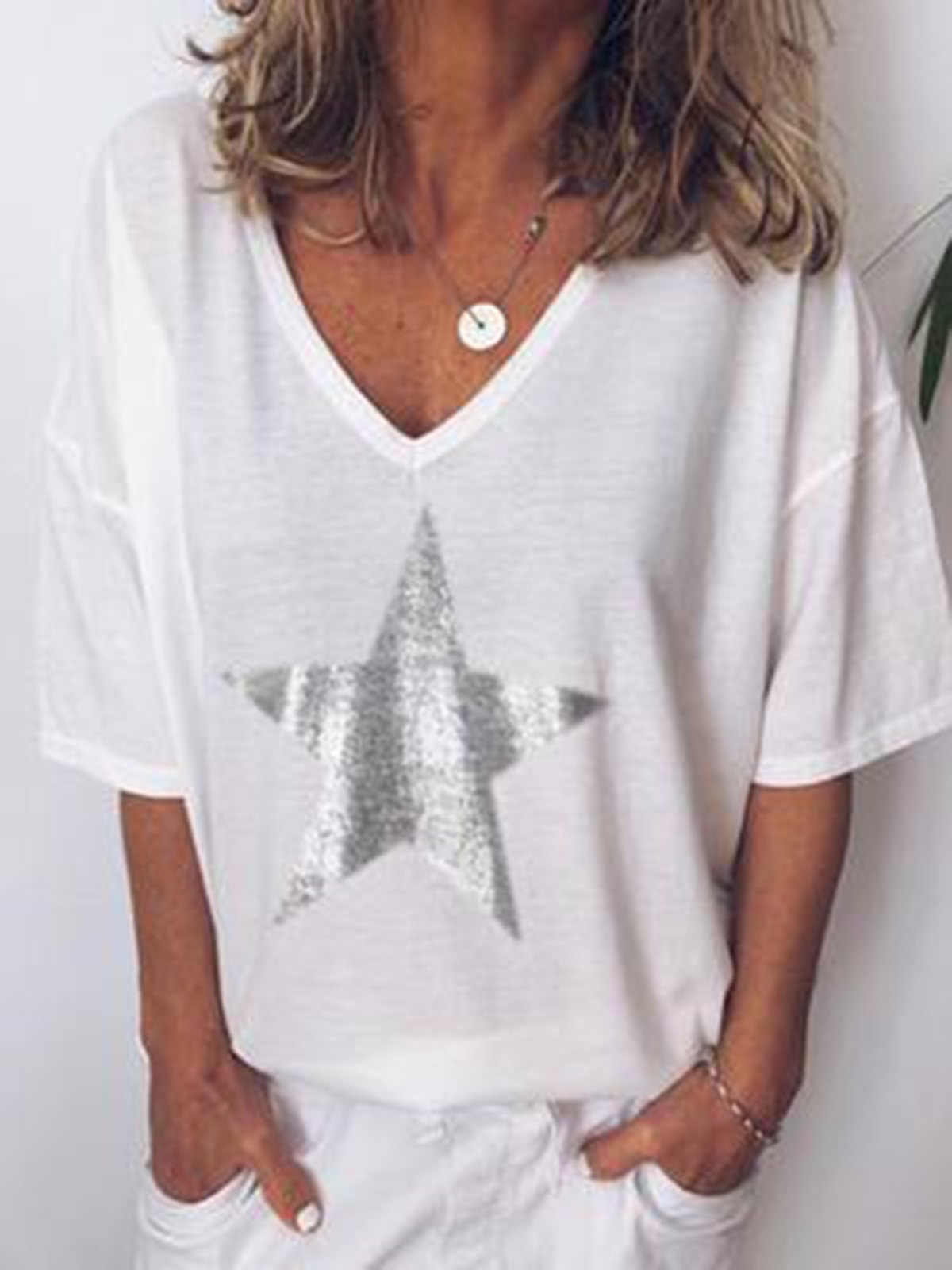 Star Printed Casual V Neck Shirts