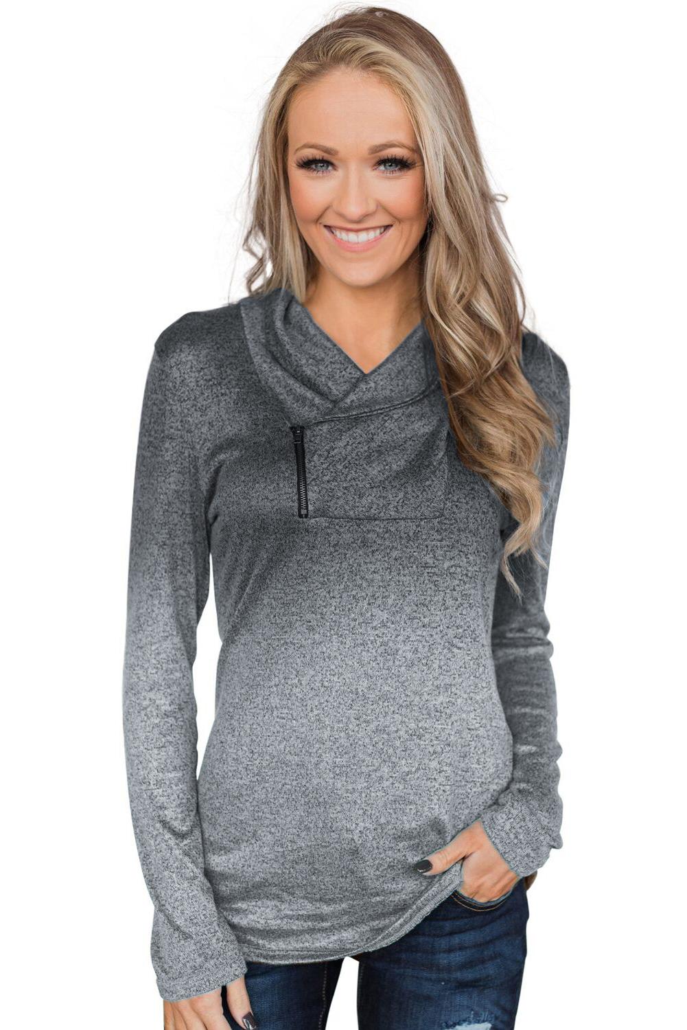 Gray Ombre Long Sleeves Pullover Zipper Cowl Neck Sweatshirt