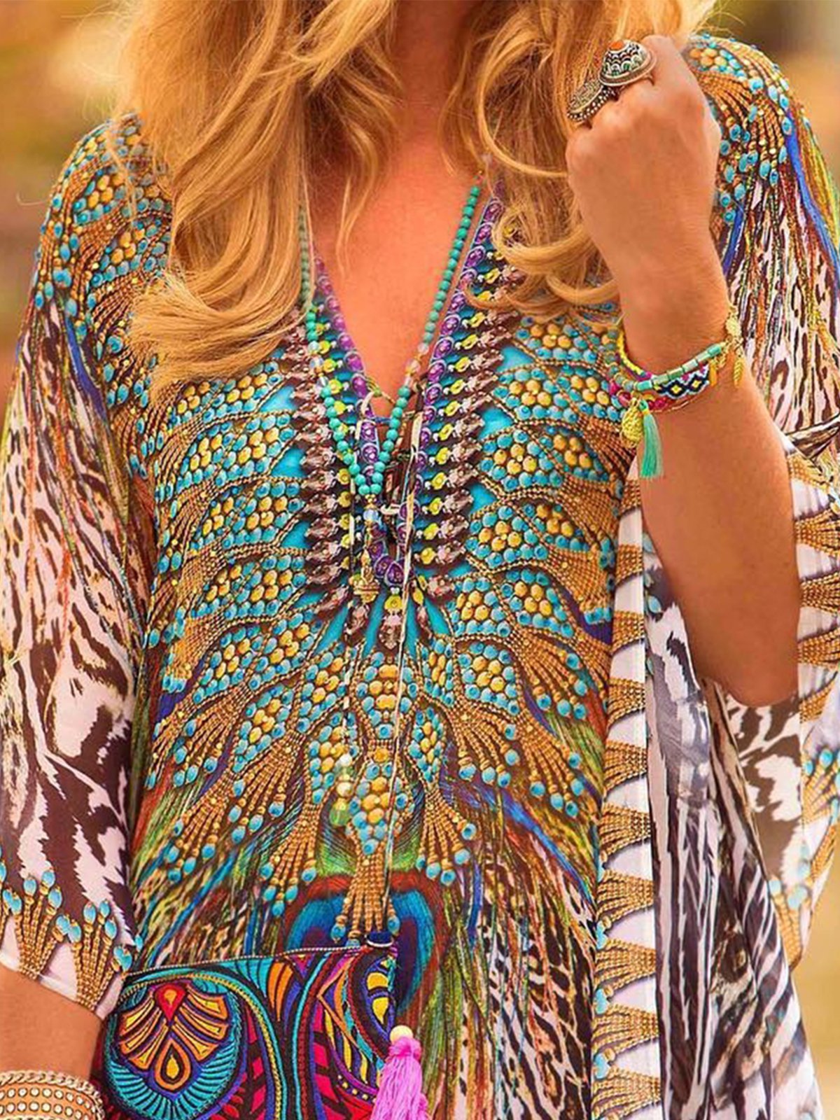 Vintage 3/4 Sleeve Batwing Boho Floral Printed V Neck Plus Size Casual Dresses