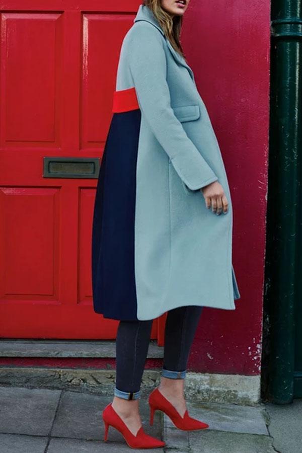 Fashion Lapel Plain Color Blocking Woolen Long Coats