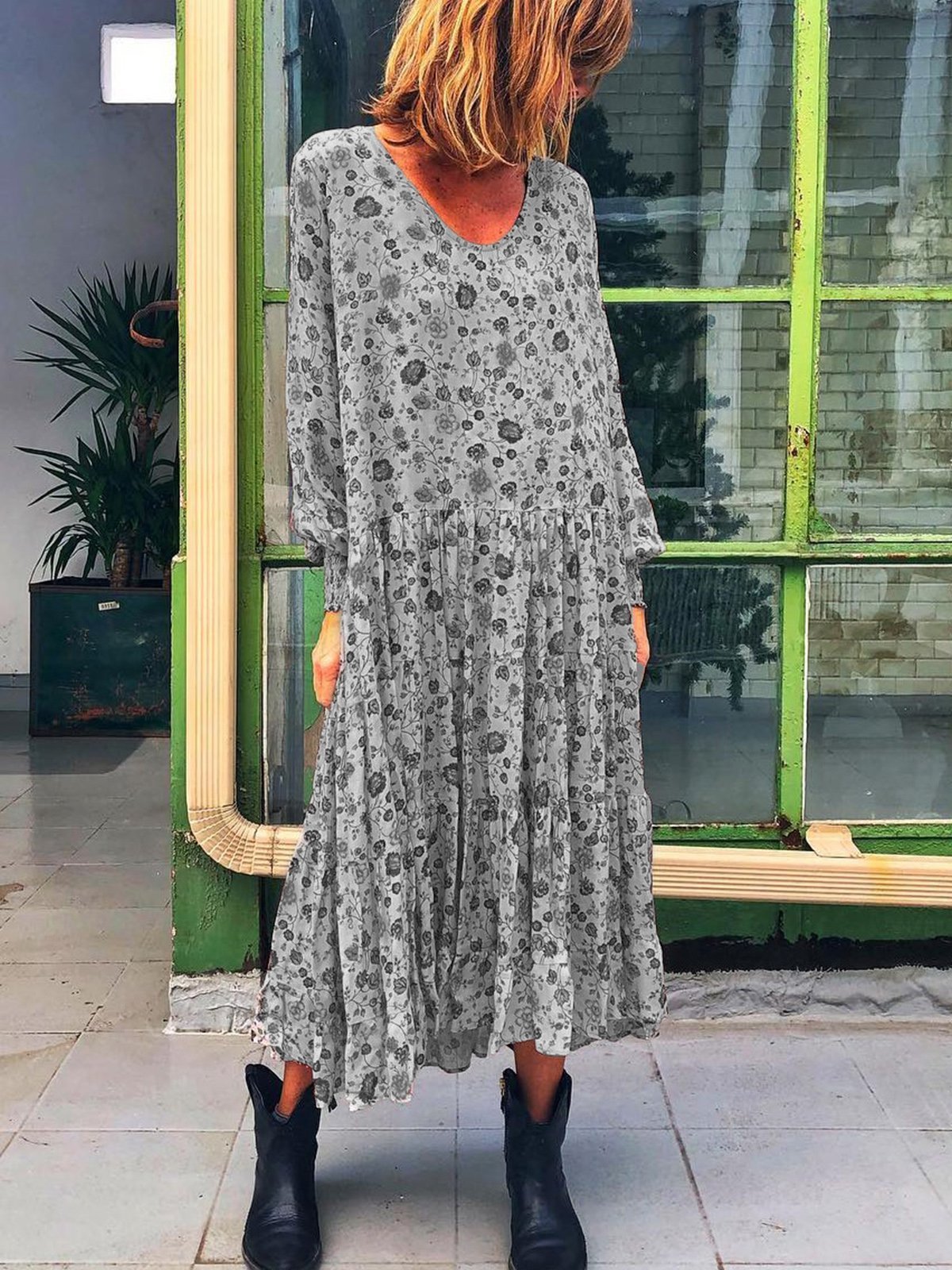 Plus Size long  Sleeve V-neck  Elegant Casual    Dress