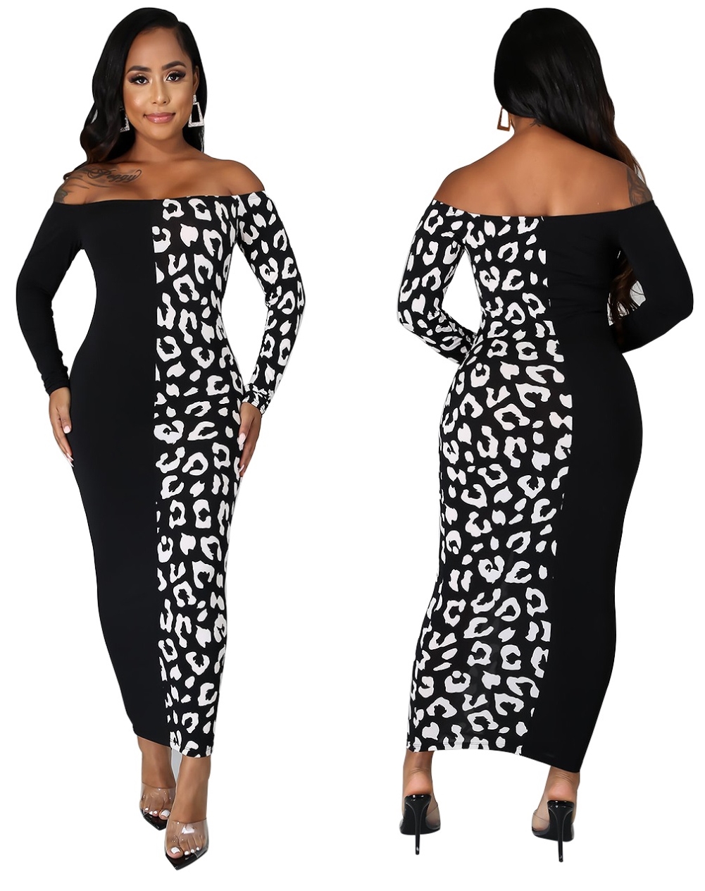 White and Black Off Shoulder Slim Dress with Sleeves