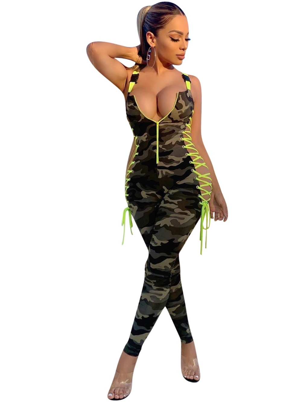 Sexy Lace Up Camou Sleeveless Jumpsuit