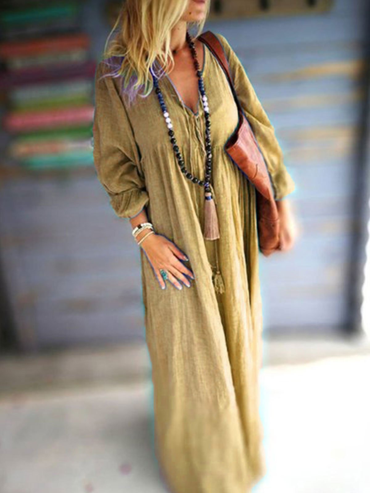 Cotton-Blend Casual Big Hem Dress Solid Dresses