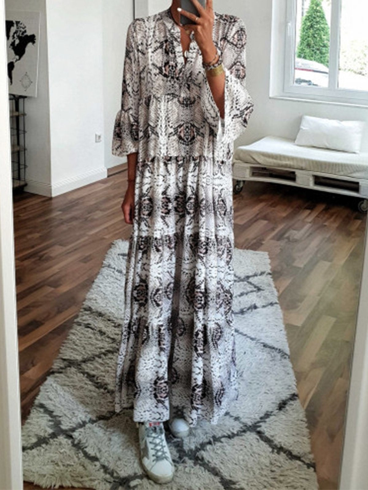 Leopard V Neck 3/4 Sleeve Dresses