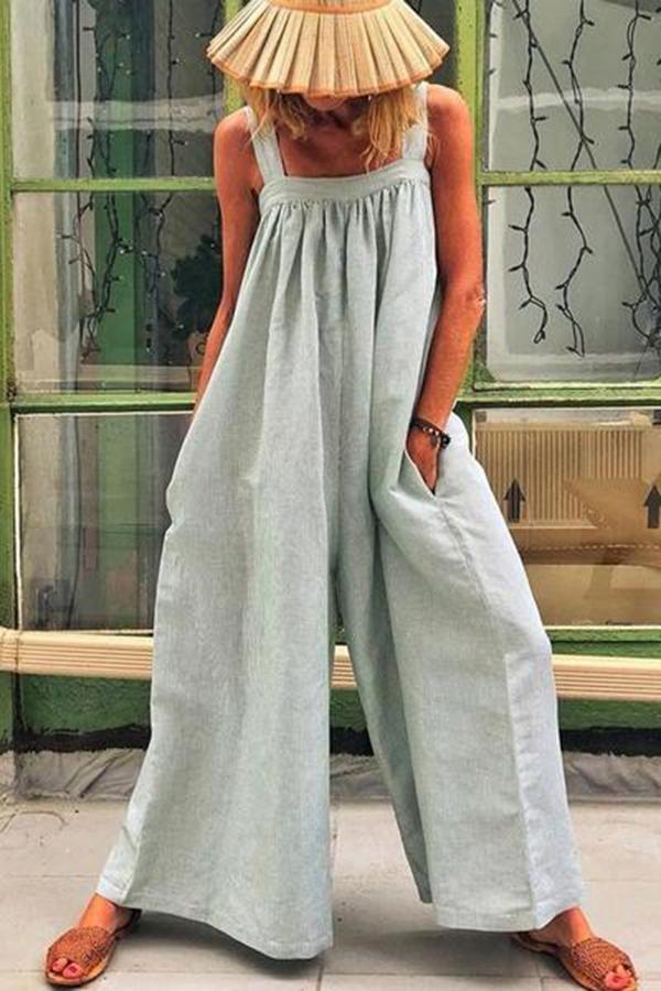 Casual Solid Sleeveless Spaghetti Jumpsuit Wide Leg Pants