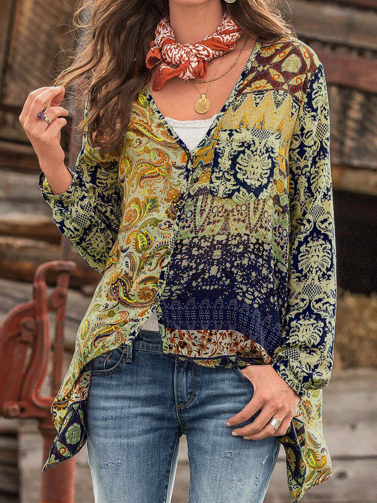 Cotton-Blend Long Sleeve V Neck Casual Shirts & Tops