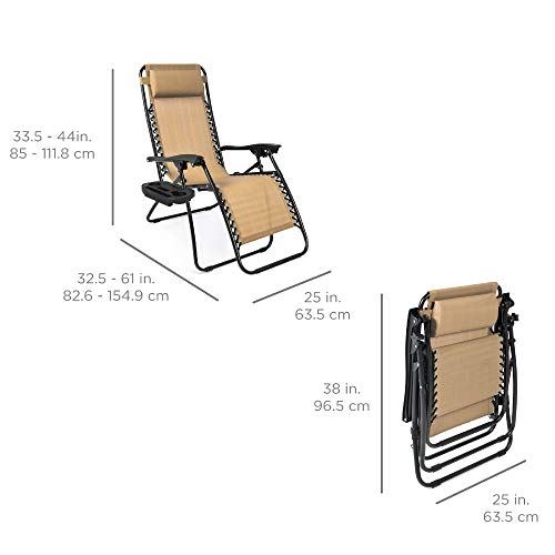 Best Choice Products Set of 2 Adjustable Steel Mesh Zero Gravity Lounge Chair Recliners w/Pillows and Cup Holder Trays, Beige