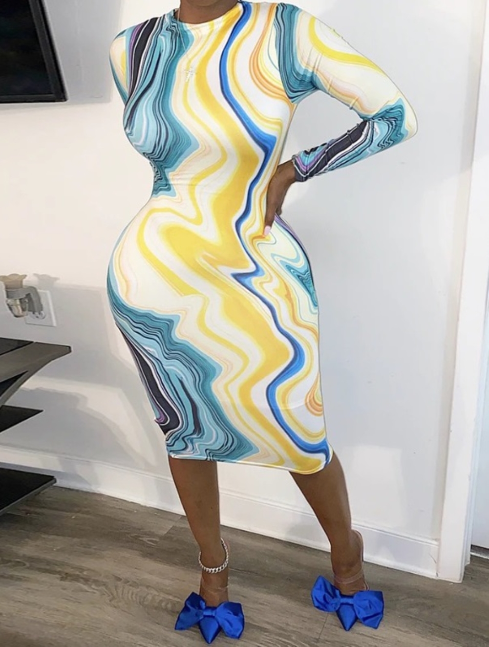 Long Sleeve African Colorful Midi Dress