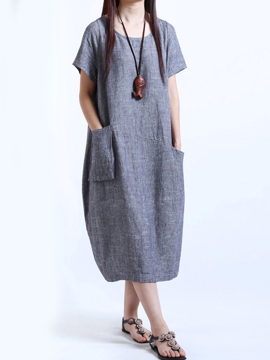 Round Neck  Patch Pocket  Plain  Cotton/Linen Maxi Plus Size Dress