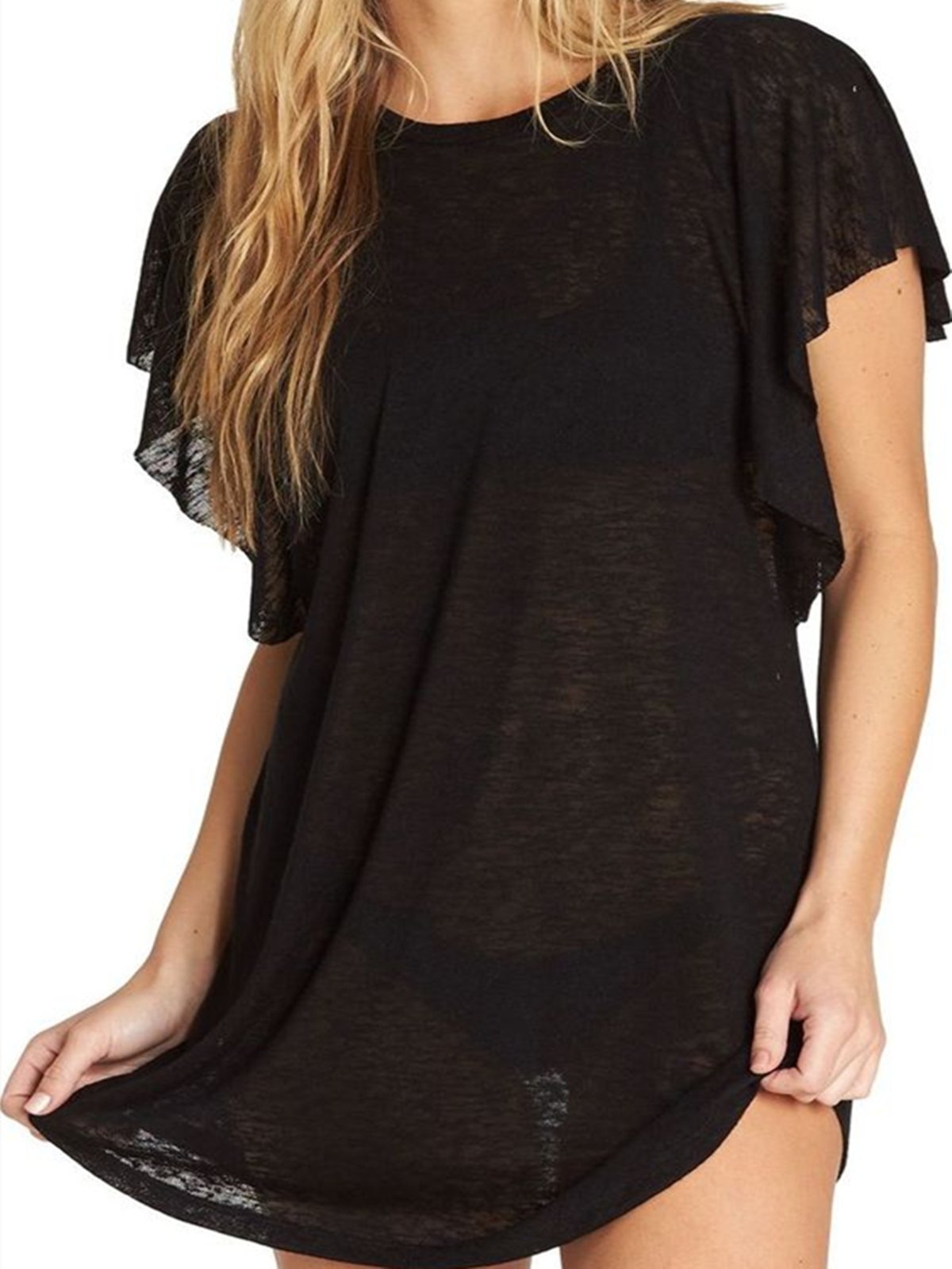 Black Short Sleeve Plain Crew Neck Cotton Shirts & Tops