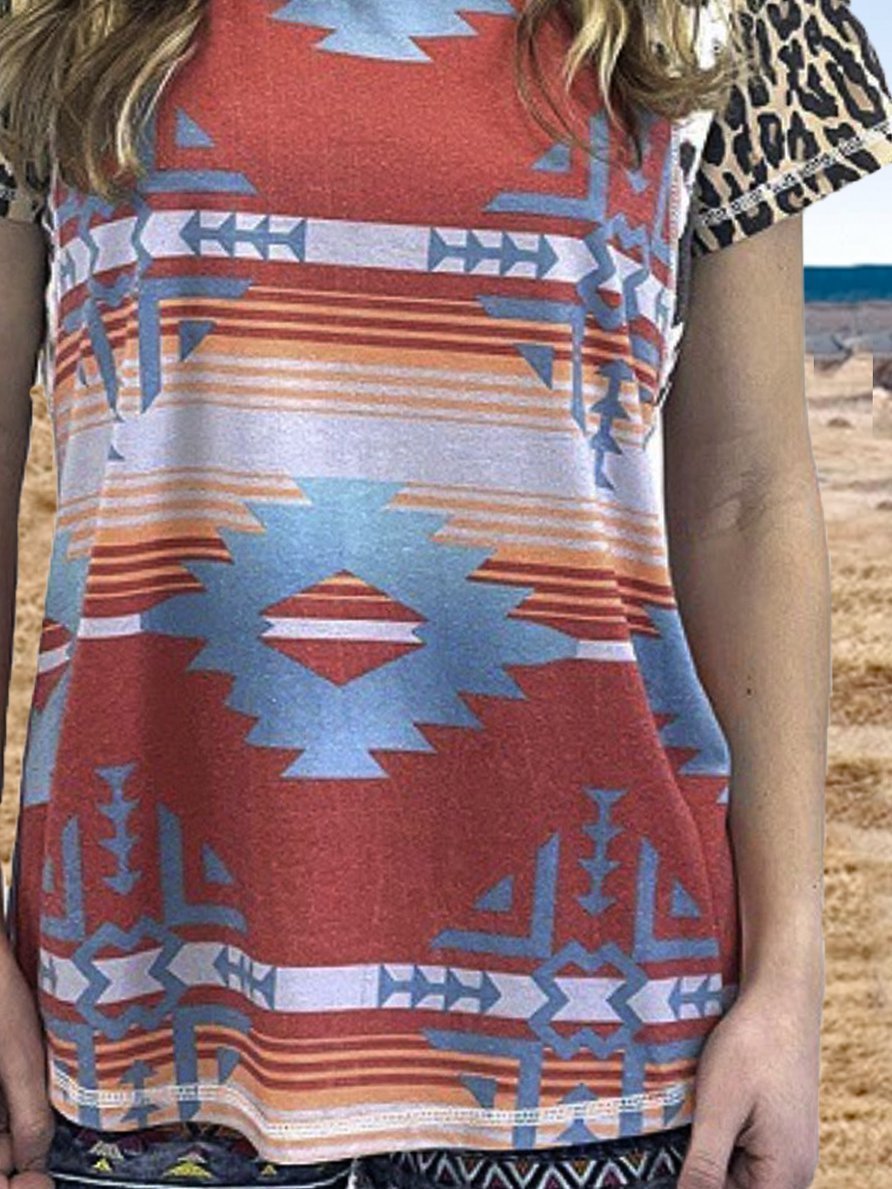 Short Sleeve Shift Casual Leopard Shirts & Tops