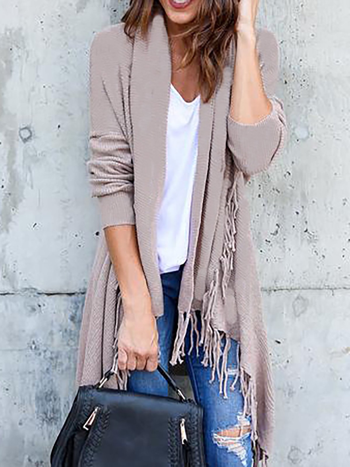 Elegant Fringed Solid Cotton-blend Quilted Coat