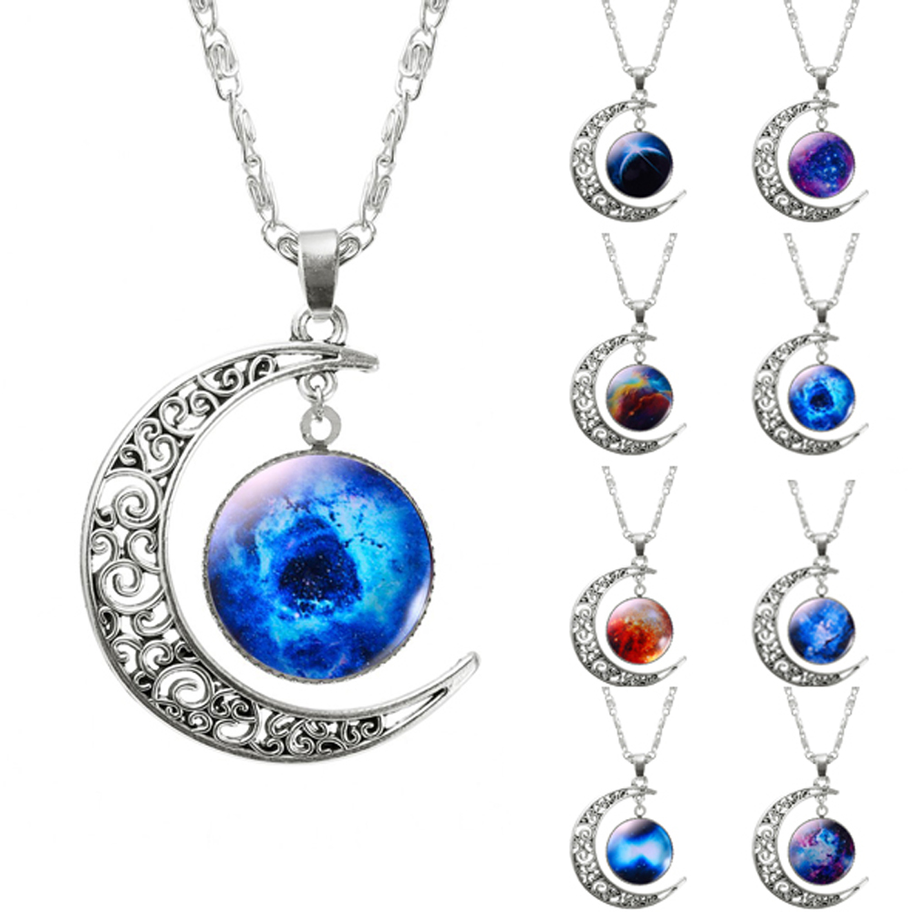 FAMSHIN 2018 New Hot Fashion Jewelry Choker Necklace Glass Galaxy Lovely Pendant Silver Chain Moon Necklace Free shipping