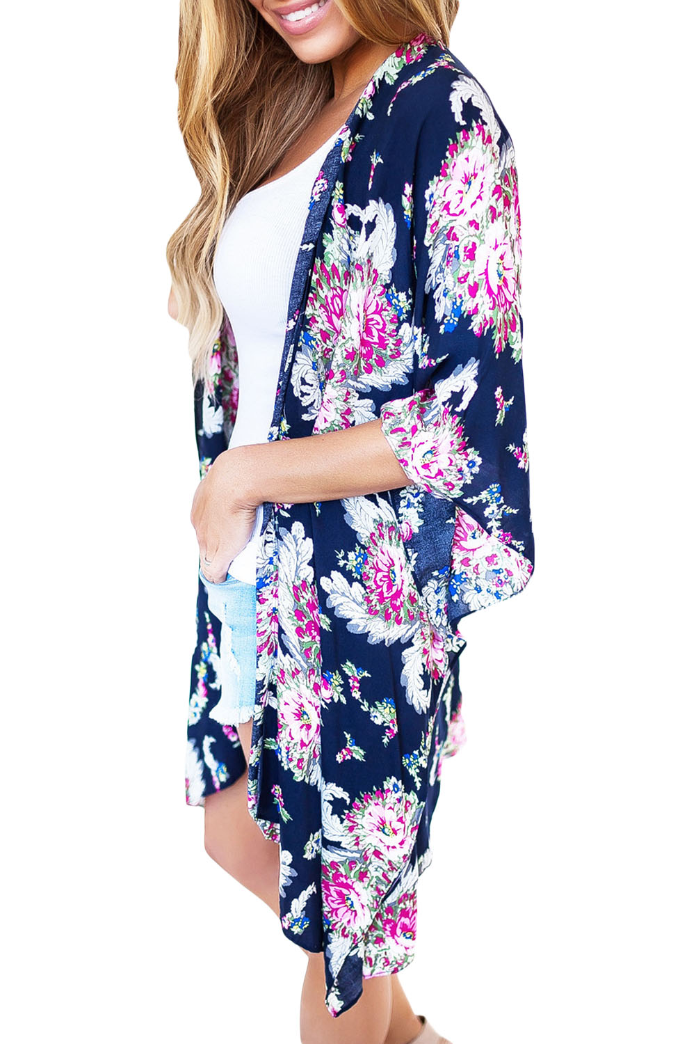 Flower Print Open Front Kimono in Navy