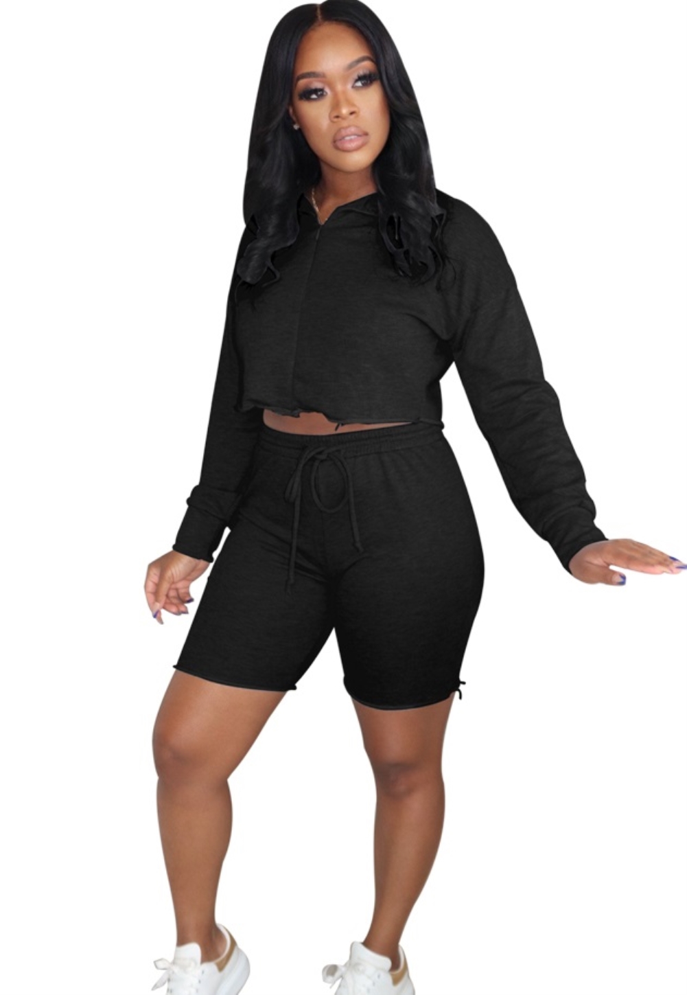 Autumn Solid Color Hoody Crop Top and Shorts Set