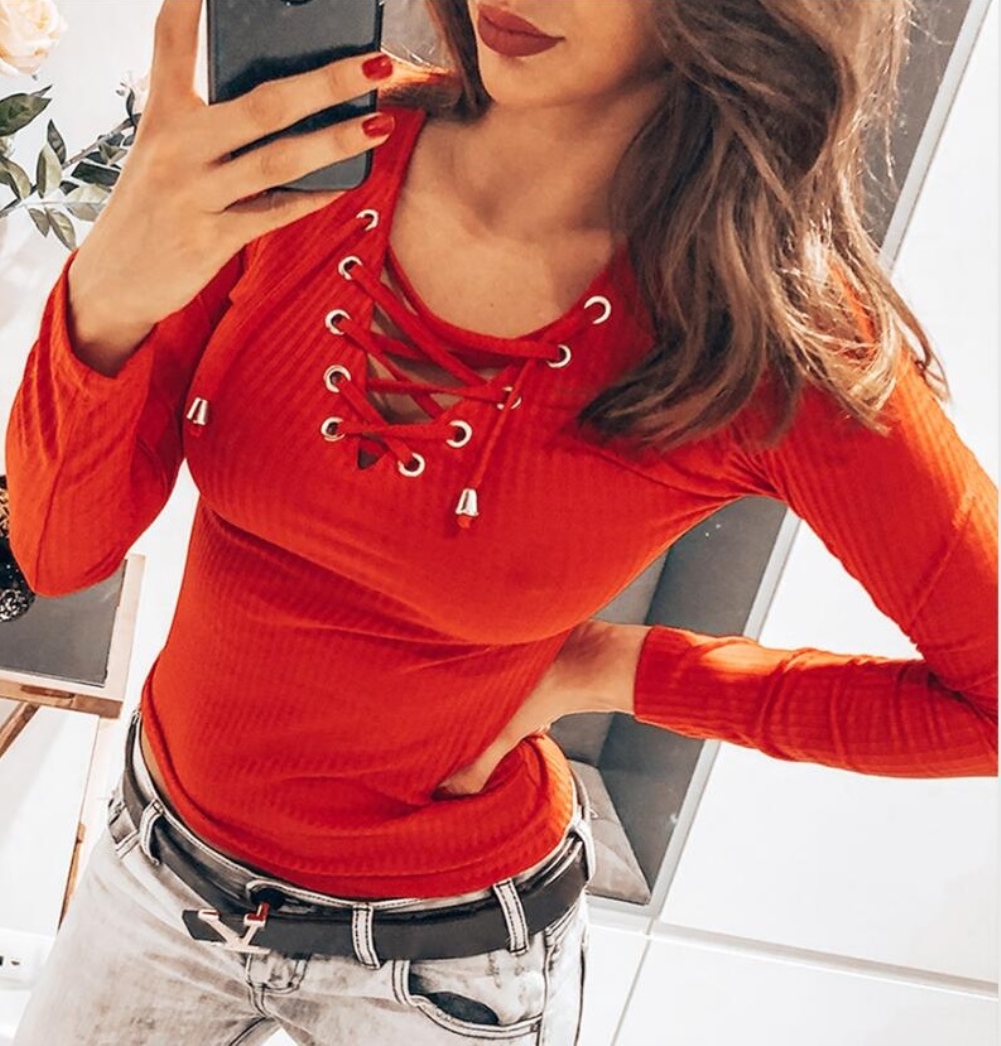 Autumn Lace Up Long Sleeve Knitted Shirt