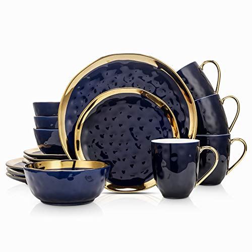 Stone Lain Porcelain 16 Piece Dinnerware Set, Service for 4, Blue and Golden Rim