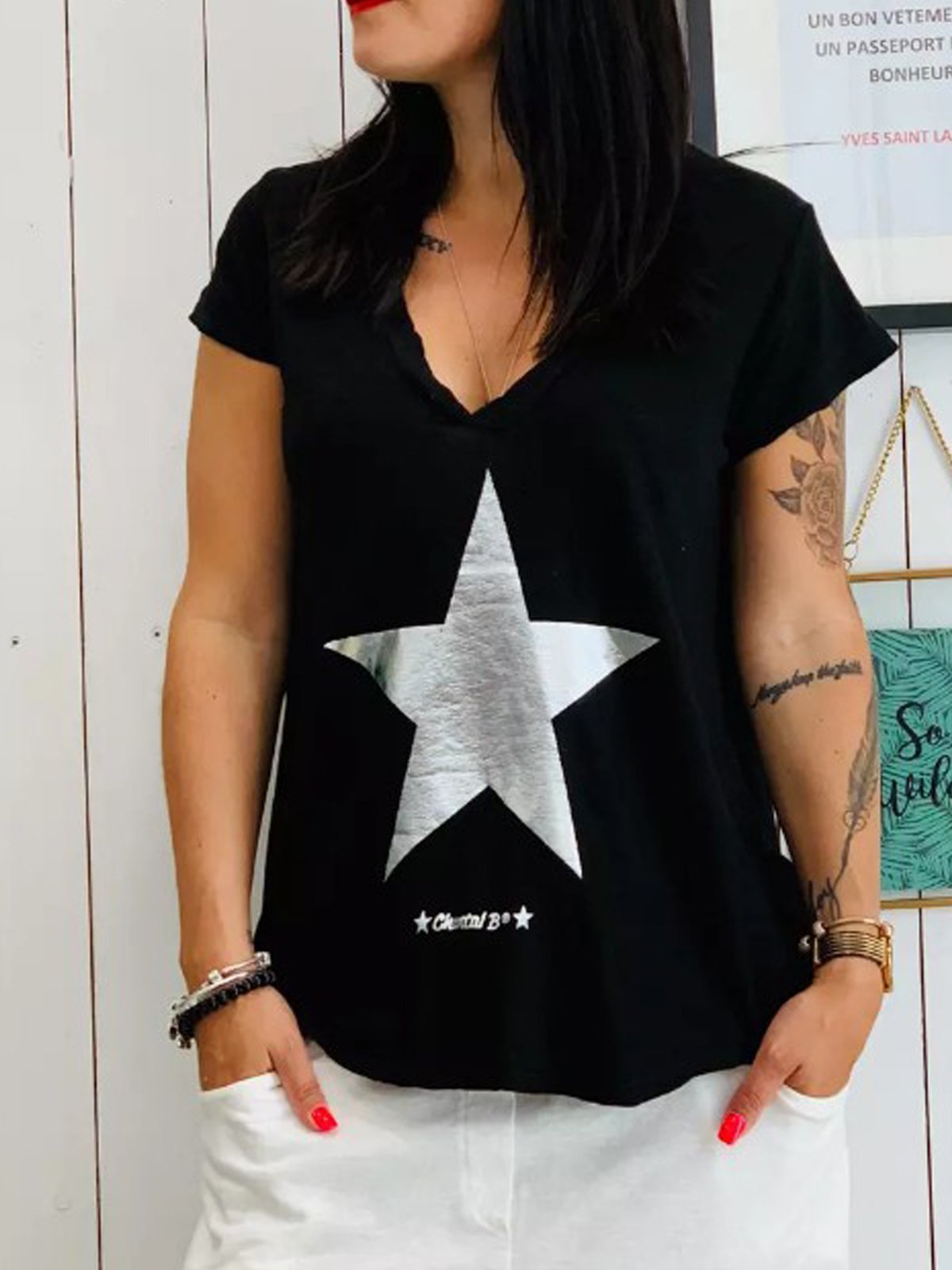 Black Floral V Neck Cotton Casual Shirts & Tops