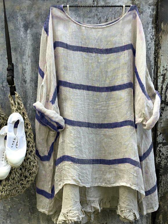 Women Top Striped Linen Long Sleeve Top Crew Neck Blouse