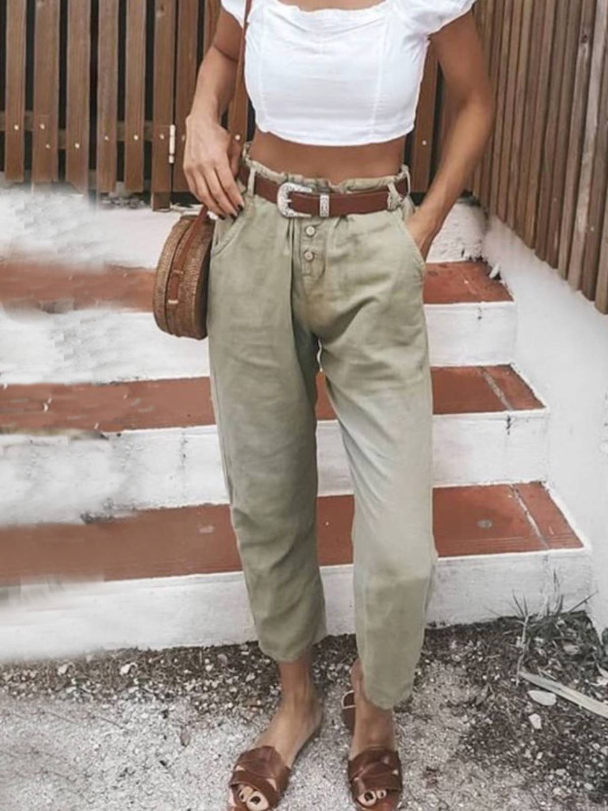 Light Brown Cotton-Blend Casual Pants
