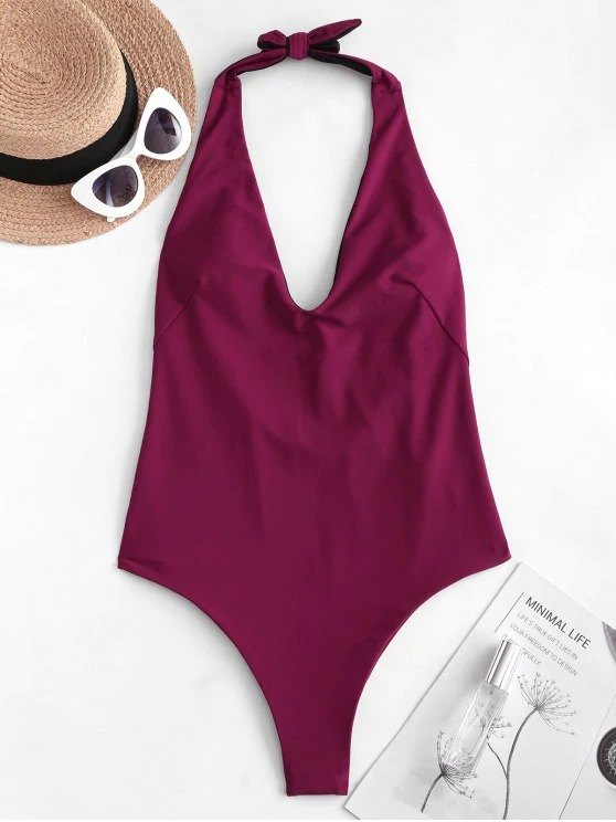 Solid Plunging Neck Halter One-Piece Swimwear