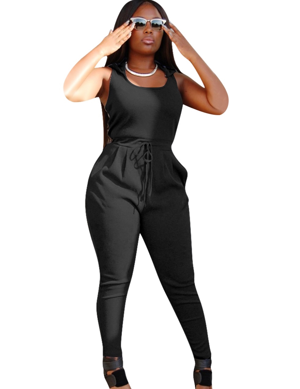 Casual Drawstring Sleeveless Hoody Jumpsuit