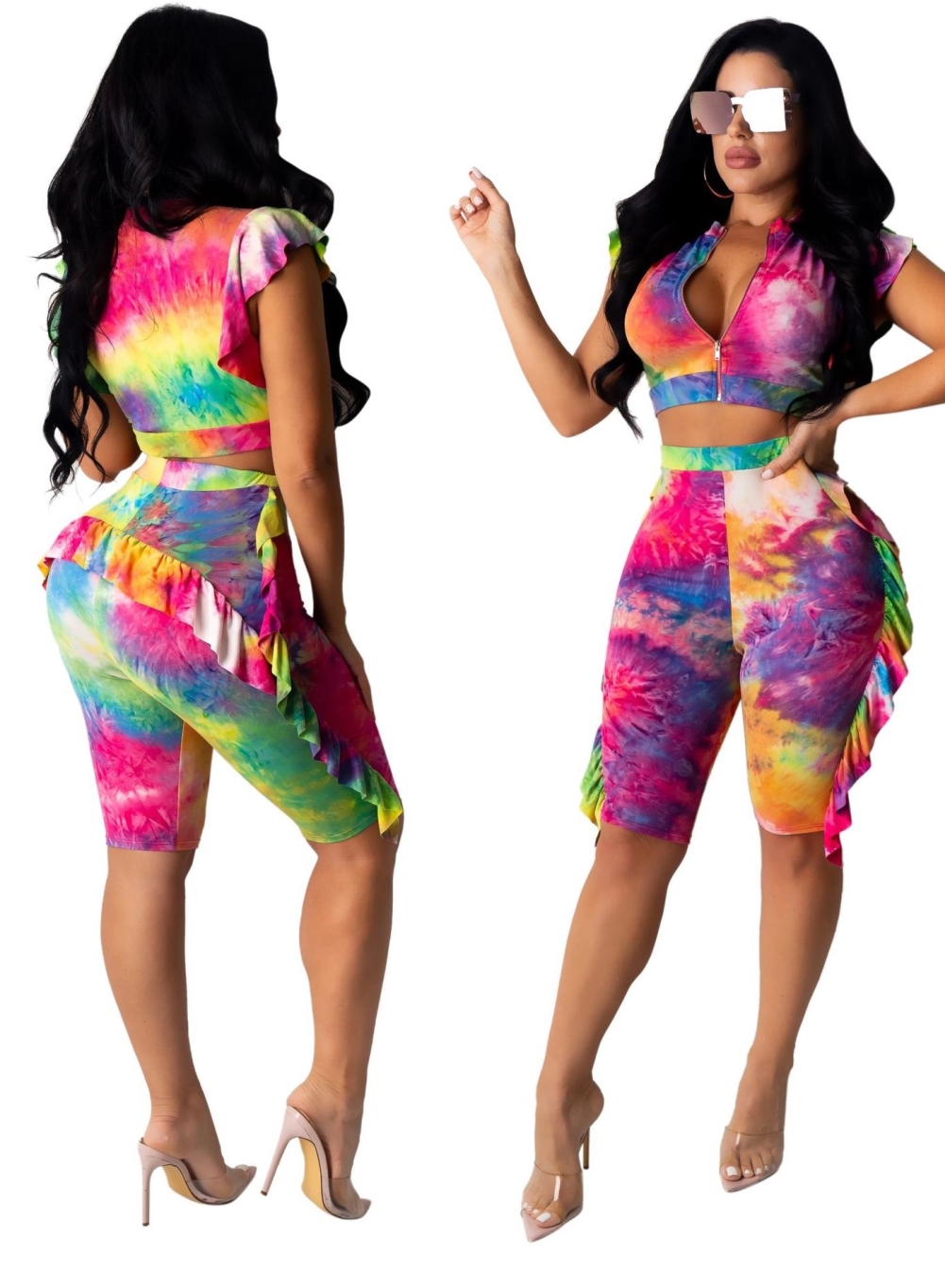 Summer Tie Dye Ruffles Crop Top and Shorts Set
