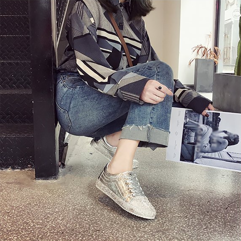 Women's Fashion Harajuku Style Solid Color Rhinestone Sneakers