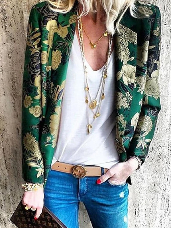 Women's Bohemian Printed Color Turndown Collar Long Sleeve Cardigan
