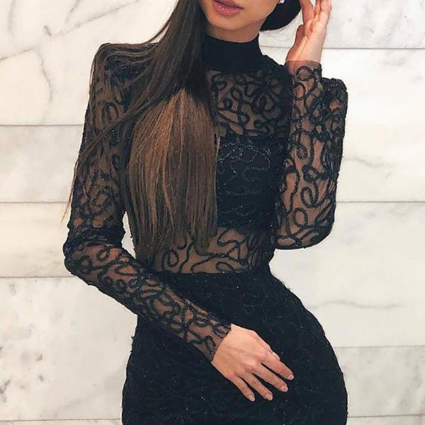 High Neck  Decorative Lace See-Through  Shimmering Powder Bodycon Dresses